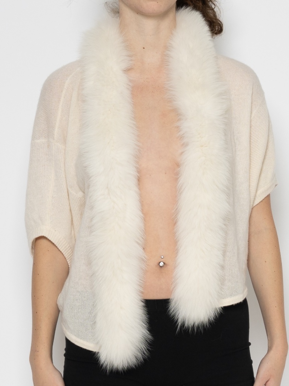 Magaschoni New York cashmere fur trim cardigan cream fox fur size 1